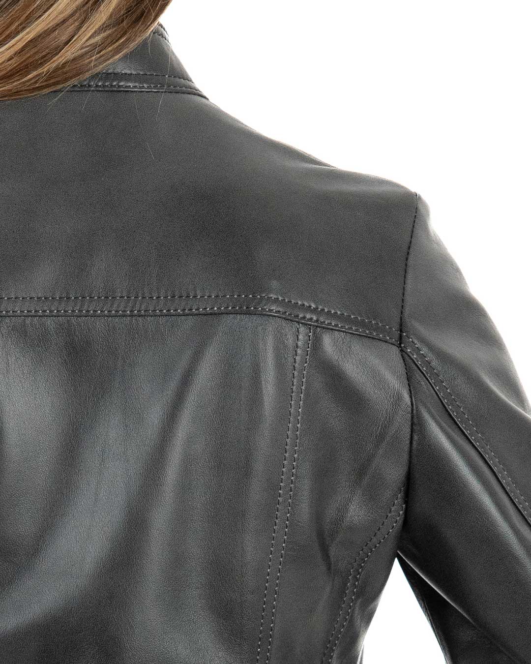 IOLE Giacca Biker da donna in vera pelle grigio effetto tamponato