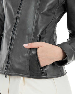 IOLE Giacca Biker da donna in vera pelle grigio effetto tamponato