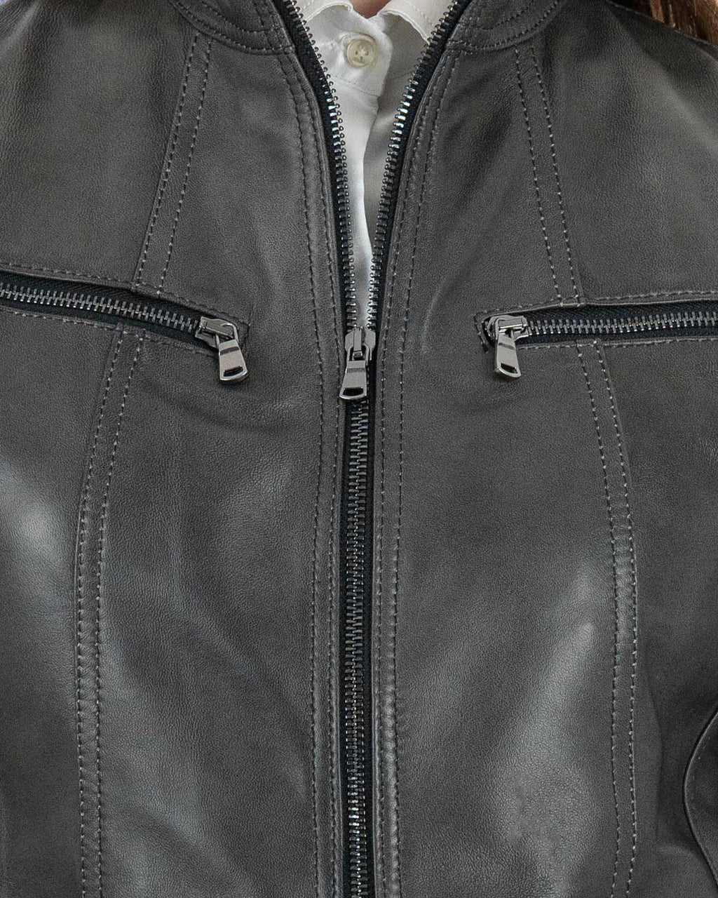 IOLE Giacca Biker da donna in vera pelle grigio effetto tamponato