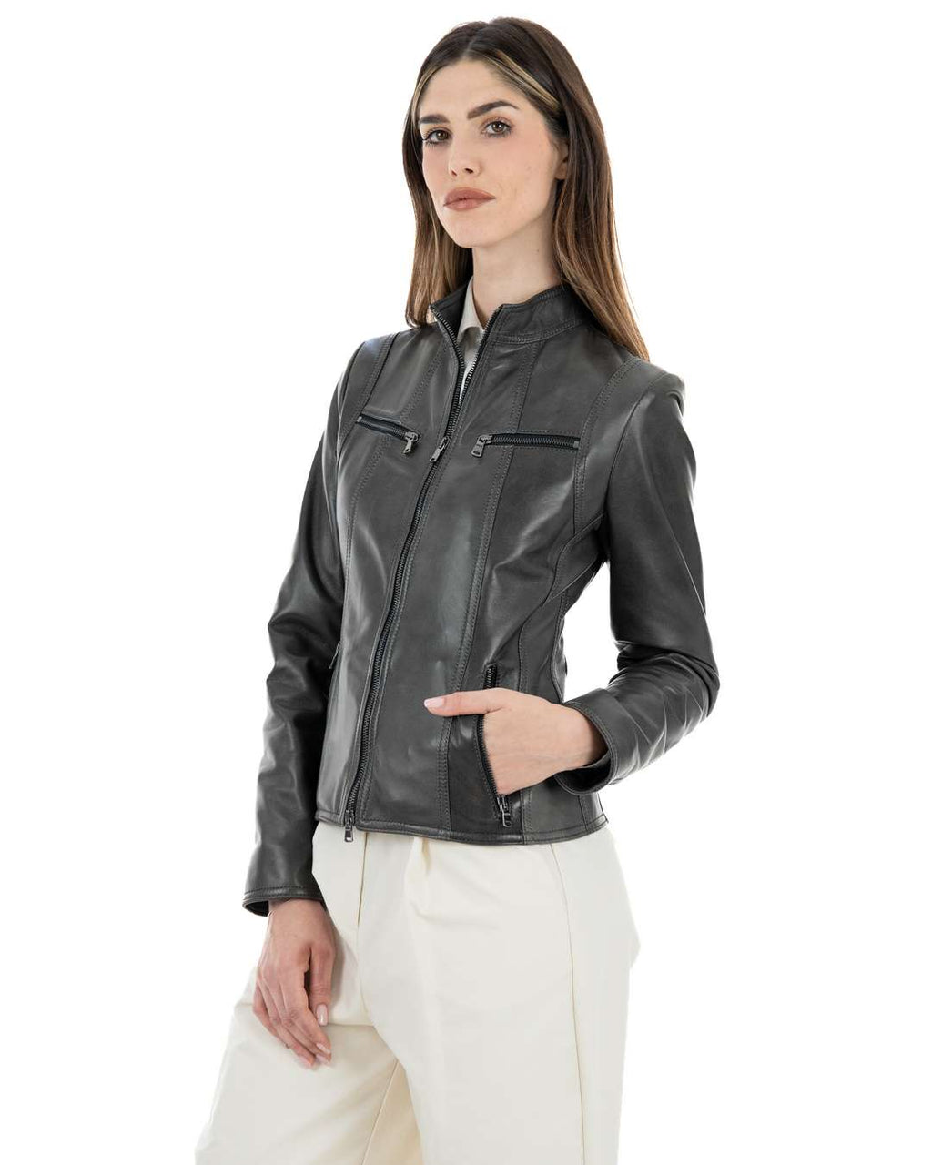 IOLE Giacca Biker da donna in vera pelle grigio effetto tamponato