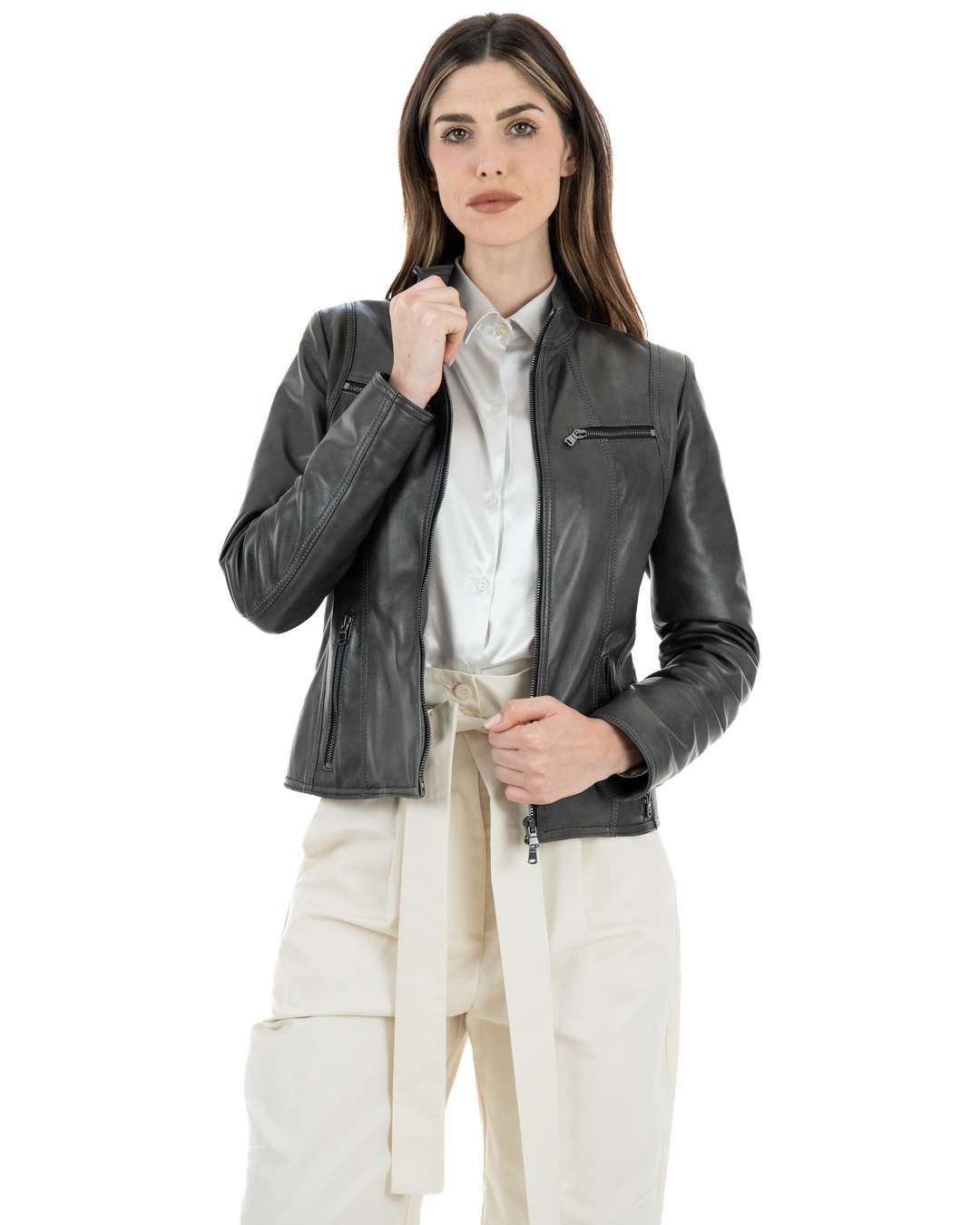 IOLE Giacca Biker da donna in vera pelle grigio effetto tamponato