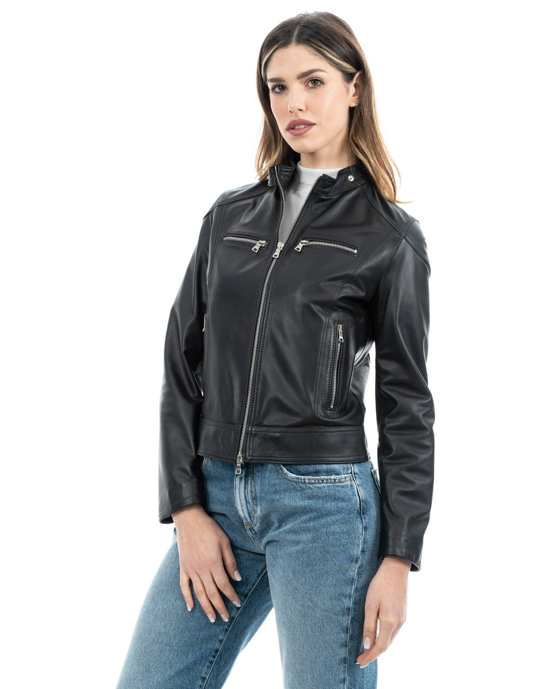 ALBA Giacca Biker da donna in vera pelle nero