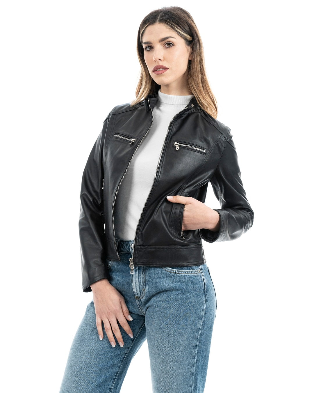 ALBA Giacca Biker da donna in vera pelle nero