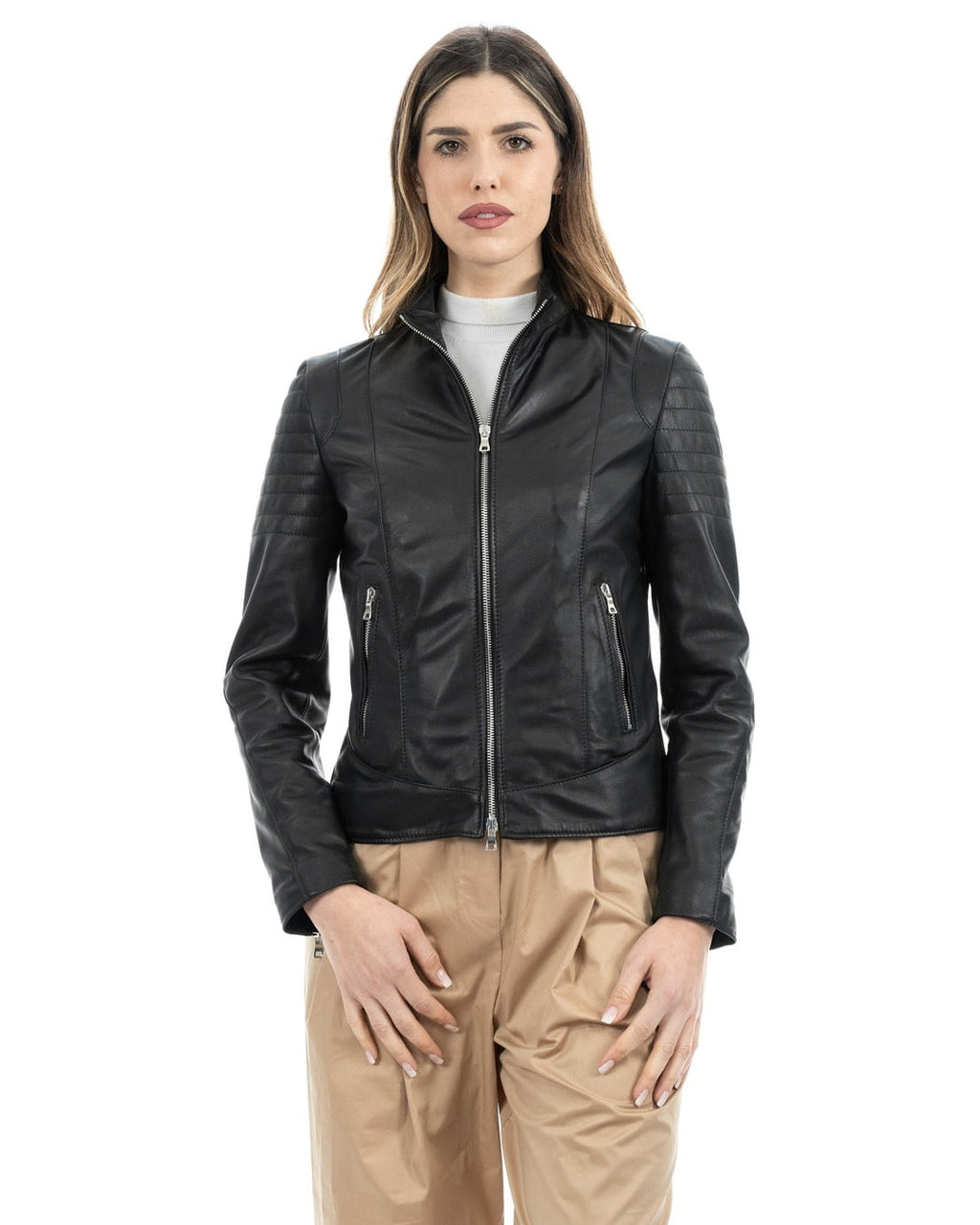 Giacca Biker da donna in vera pelle nero