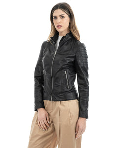 CLOE Giacca Biker da donna in vera pelle nero