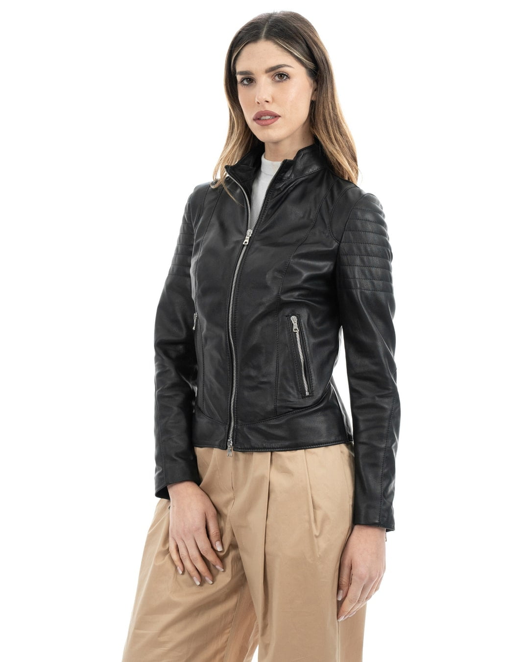 CLOE Giacca Biker da donna in vera pelle nero