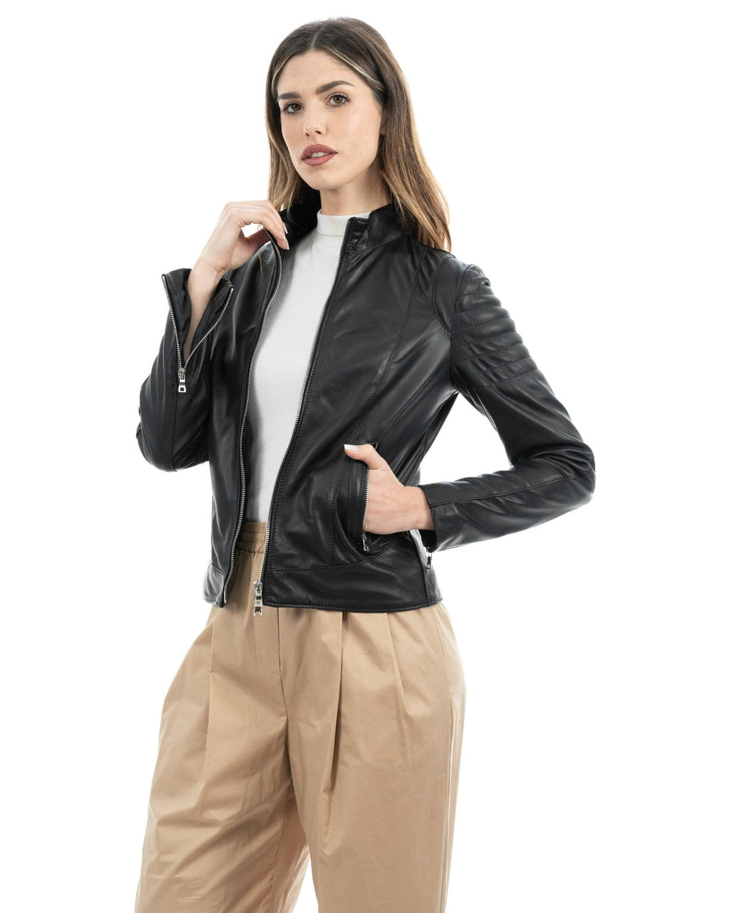 CLOE Giacca Biker da donna in vera pelle nero