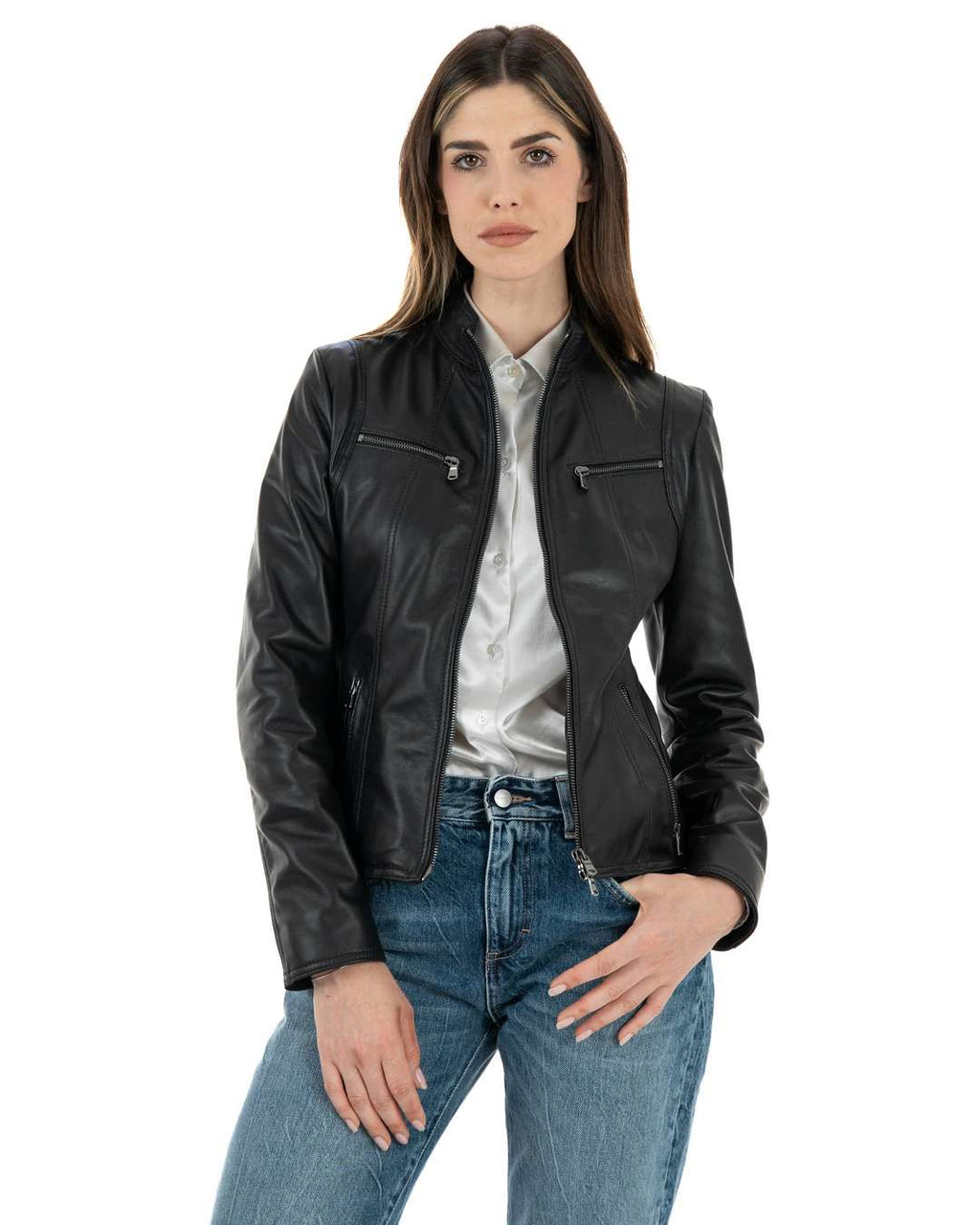 IOLE Giacca Biker da donna in vera pelle nero