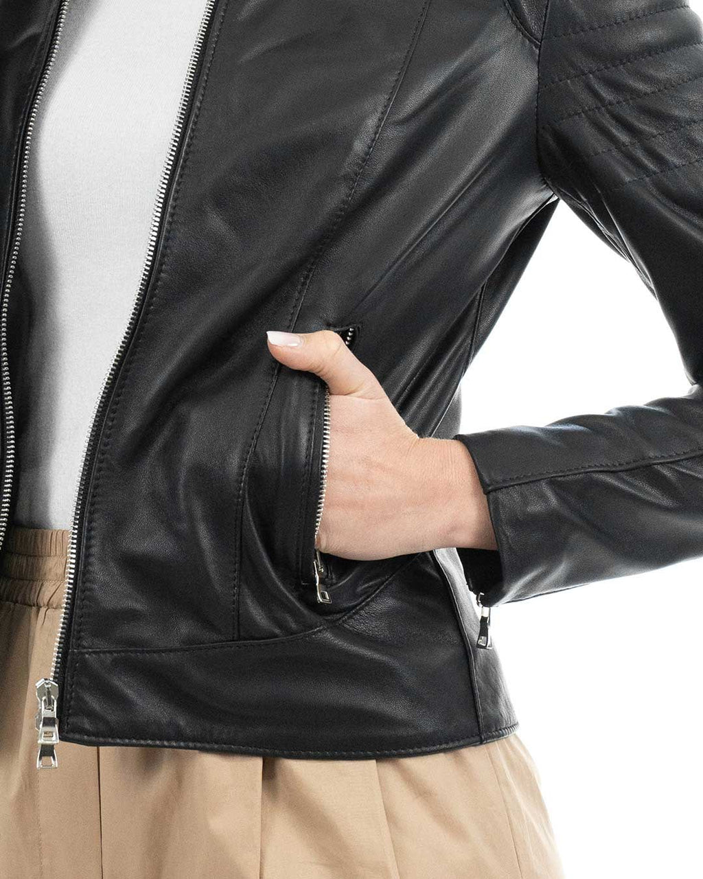 CLOE Giacca Biker da donna in vera pelle nero