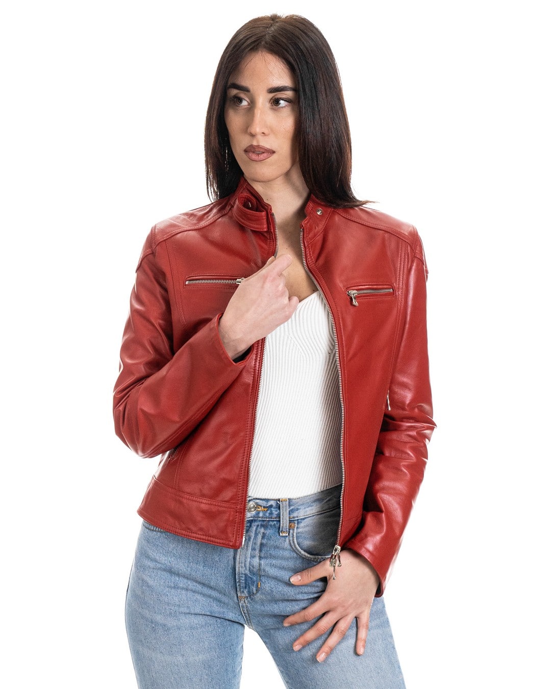 ALBA Giacca Biker da donna in vera pelle rosso