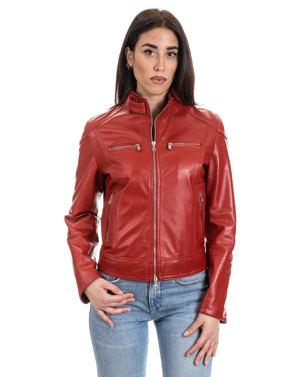 Giacca Biker da donna in vera pelle rosso
