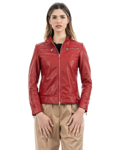 Giacca Biker da donna in vera pelle rosso