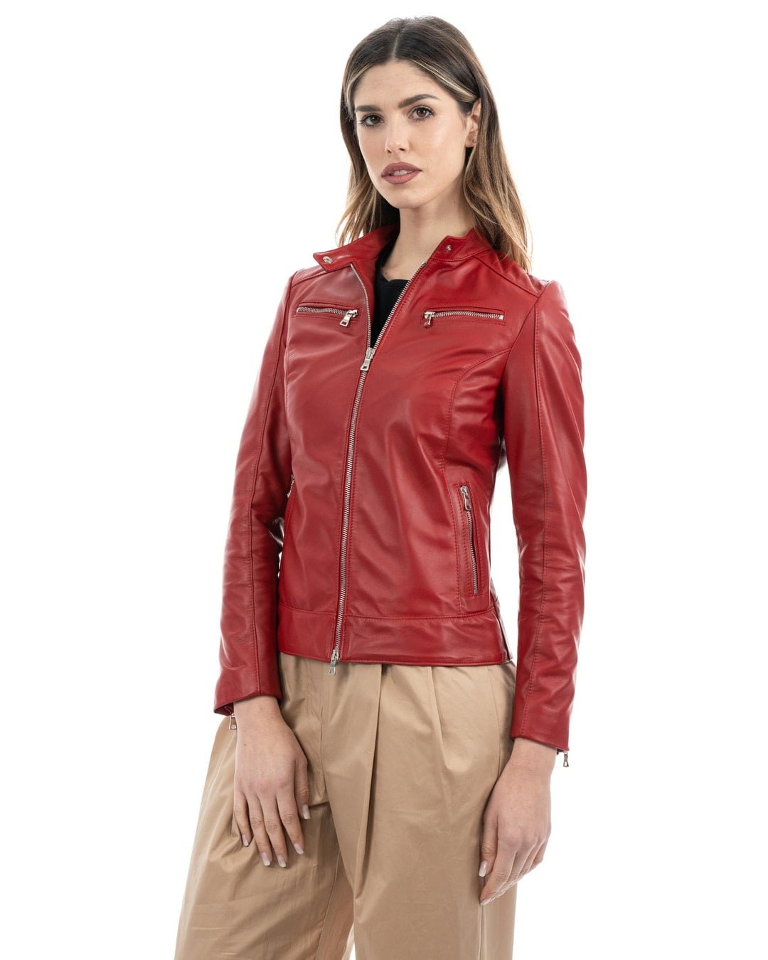 ILARY Giacca Biker da donna in vera pelle rosso