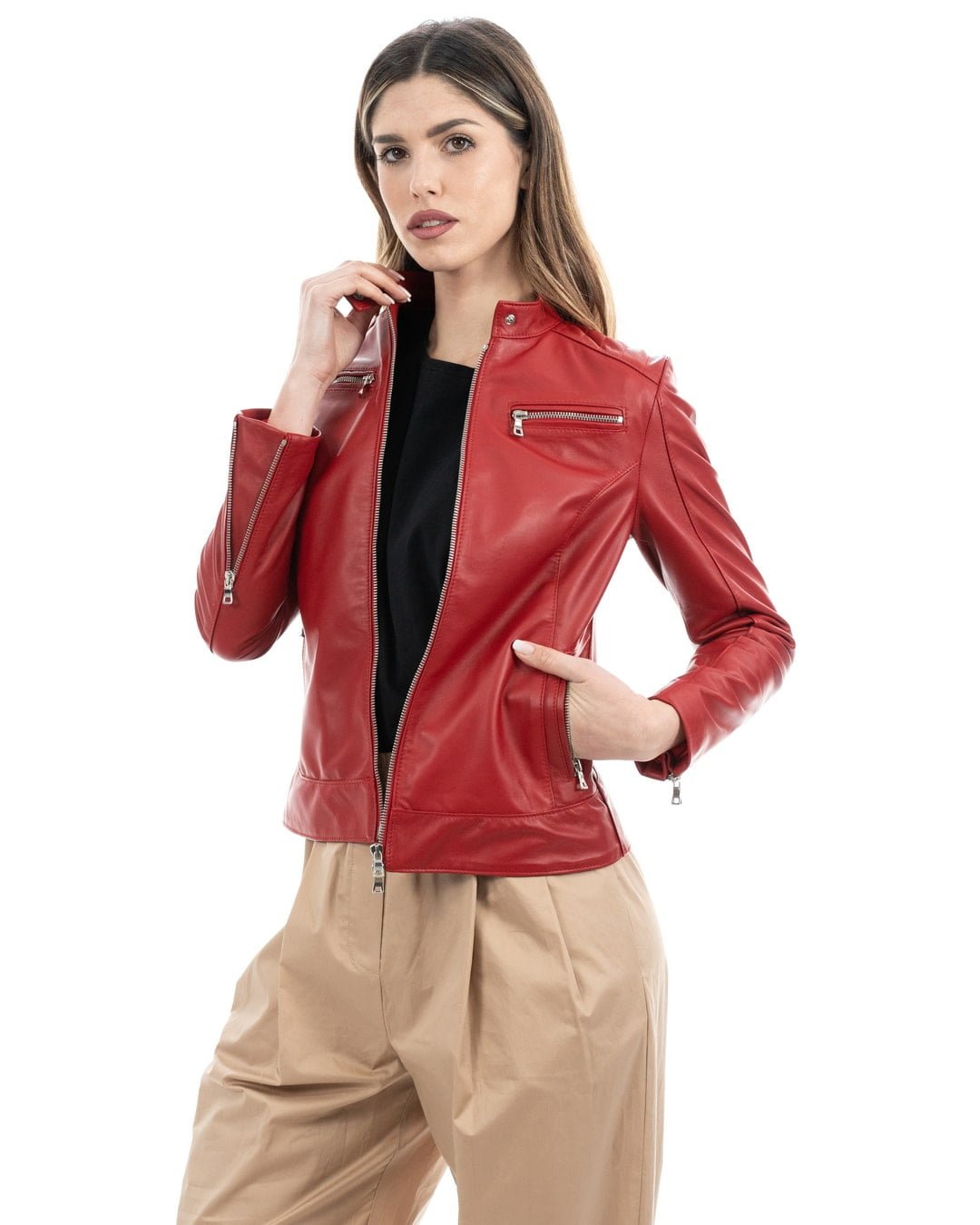 ILARY Giacca Biker da donna in vera pelle rosso