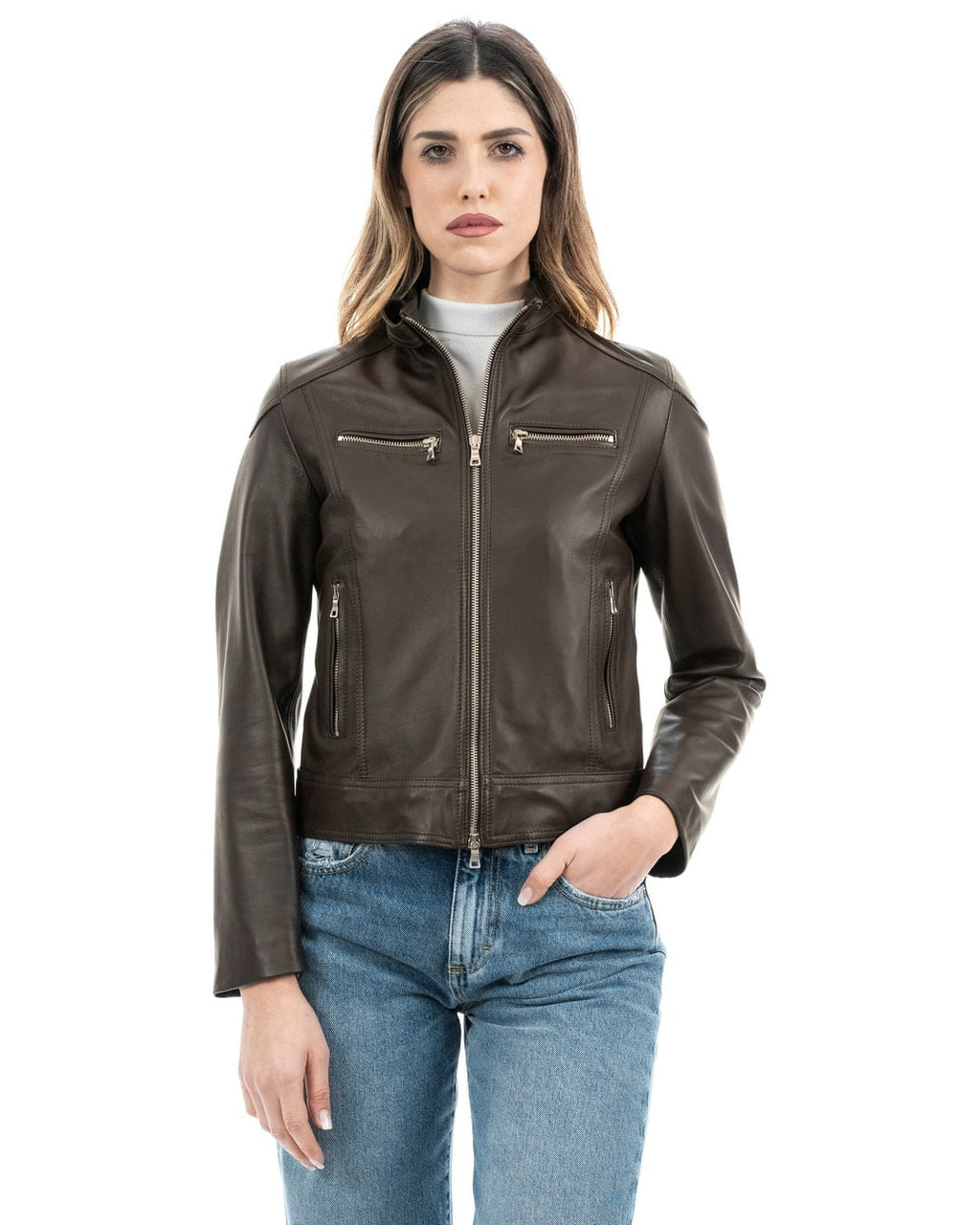 Giacca Biker da donna in vera pelle marrone