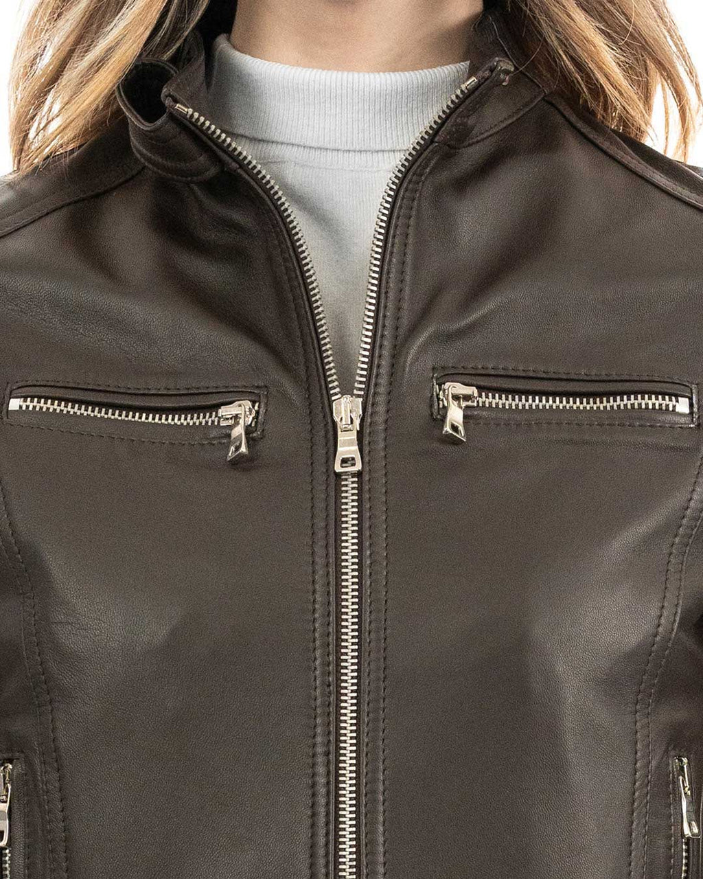 ALBA Giacca Biker da donna in vera pelle marrone