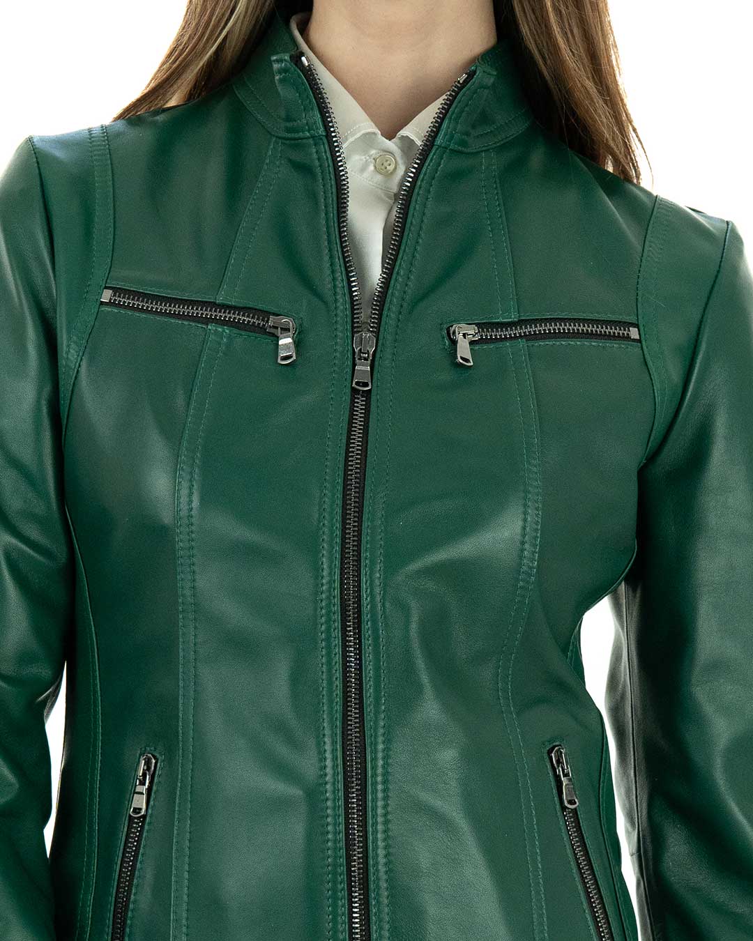 IOLE Giacca Biker da donna in vera pelle verde