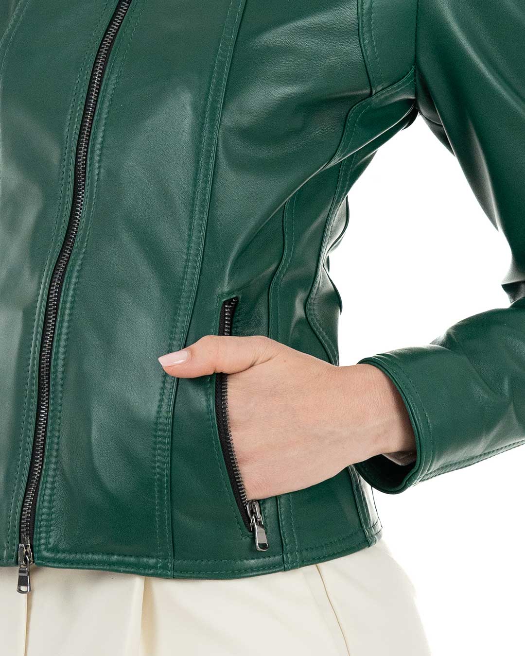 IOLE Giacca Biker da donna in vera pelle verde