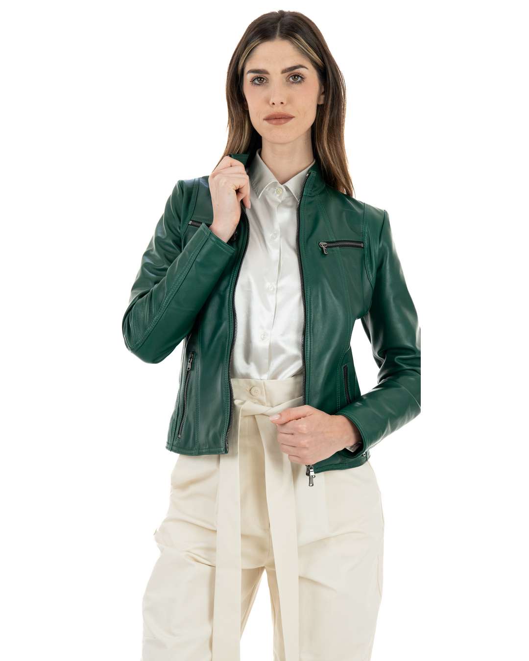 IOLE Giacca Biker da donna in vera pelle verde