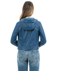 MORENA Giacca con cappuccio da donna in vera pelle blu