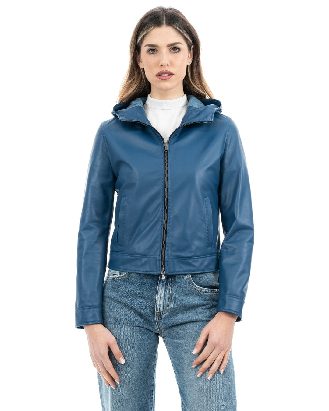 MORENA Giacca con cappuccio da donna in vera pelle blu
