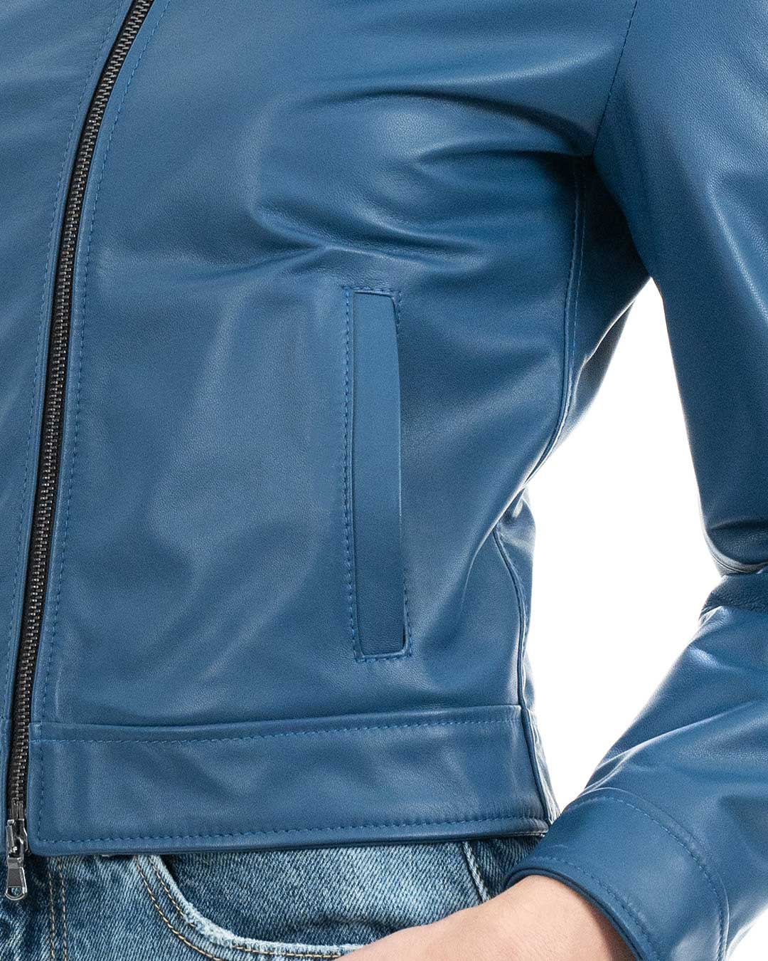 MORENA Giacca con cappuccio da donna in vera pelle blu