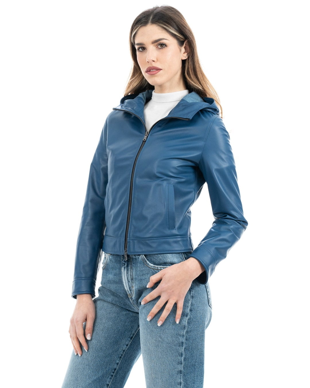 MORENA Giacca con cappuccio da donna in vera pelle blu