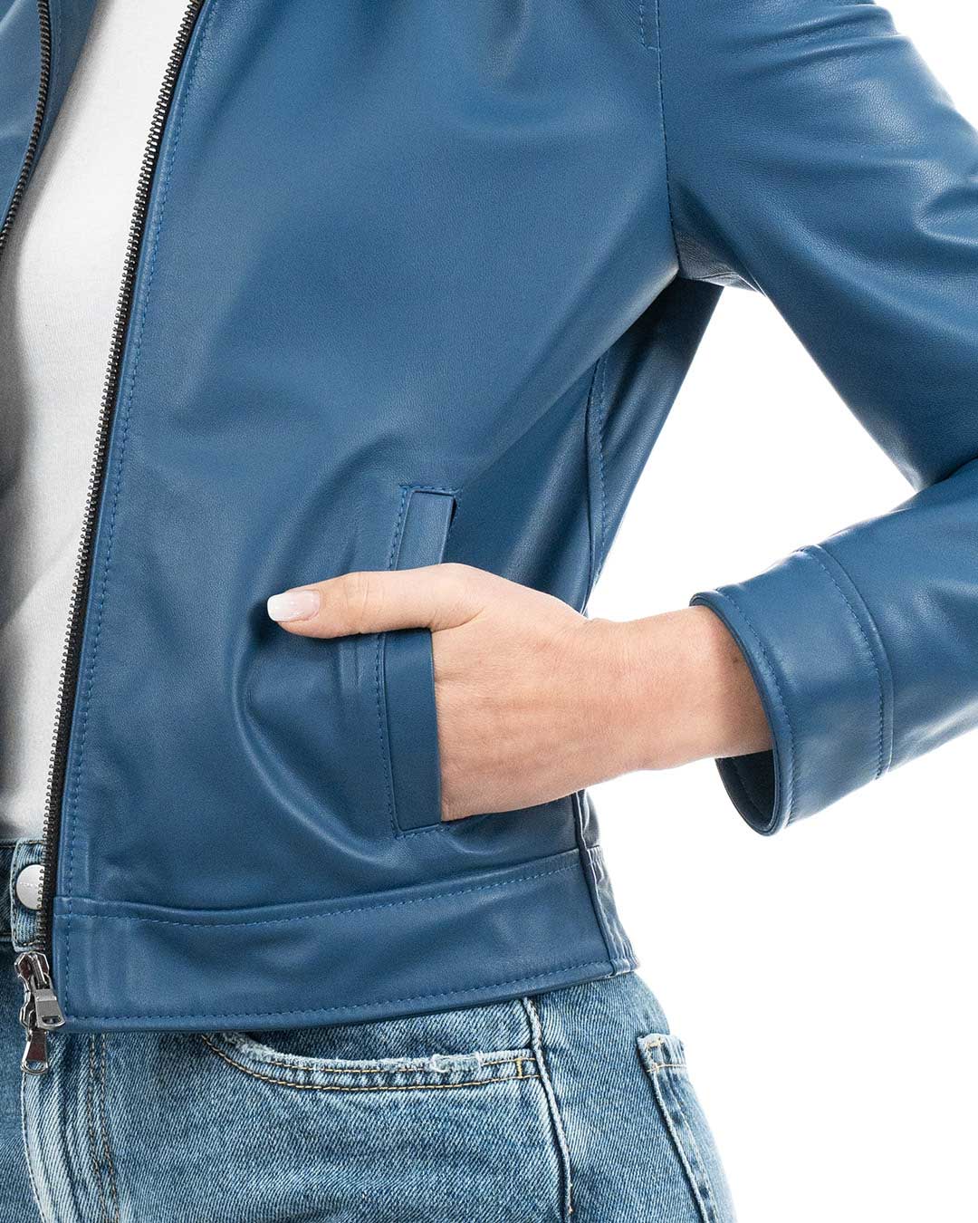 MORENA Giacca con cappuccio da donna in vera pelle blu