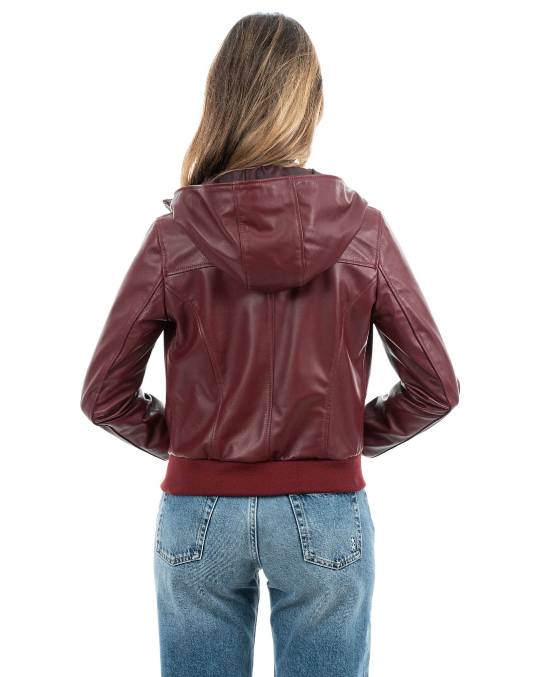 AURORE Giacca Bomber con cappuccio da donna in vera pelle bordeaux