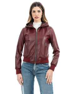 Giacca Bomber con cappuccio da donna in vera pelle bordeaux