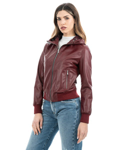 AURORE Giacca Bomber con cappuccio da donna in vera pelle bordeaux