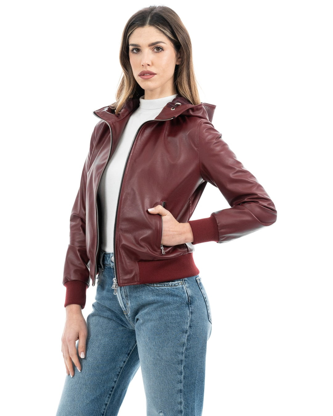 AURORE Giacca Bomber con cappuccio da donna in vera pelle bordeaux