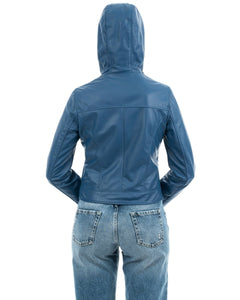 MORENA Giacca con cappuccio da donna in vera pelle blu
