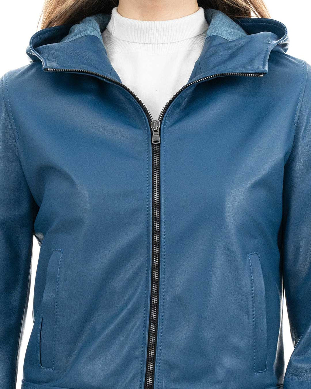 MORENA Giacca con cappuccio da donna in vera pelle blu