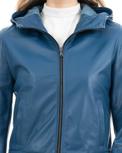 MORENA Giacca con cappuccio da donna in vera pelle blu