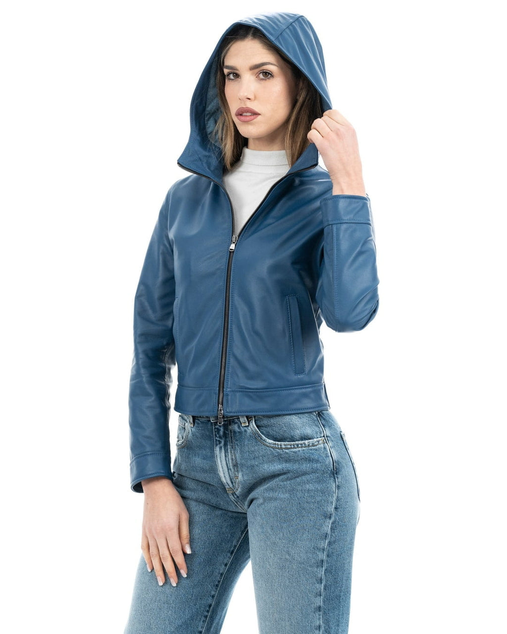 MORENA Giacca con cappuccio da donna in vera pelle blu