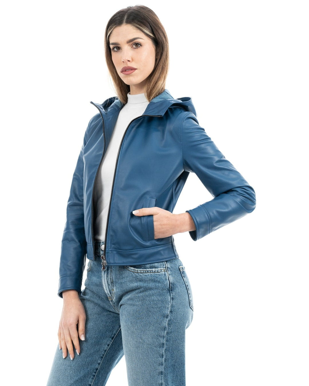 MORENA Giacca con cappuccio da donna in vera pelle blu