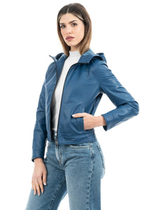 MORENA Giacca con cappuccio da donna in vera pelle blu
