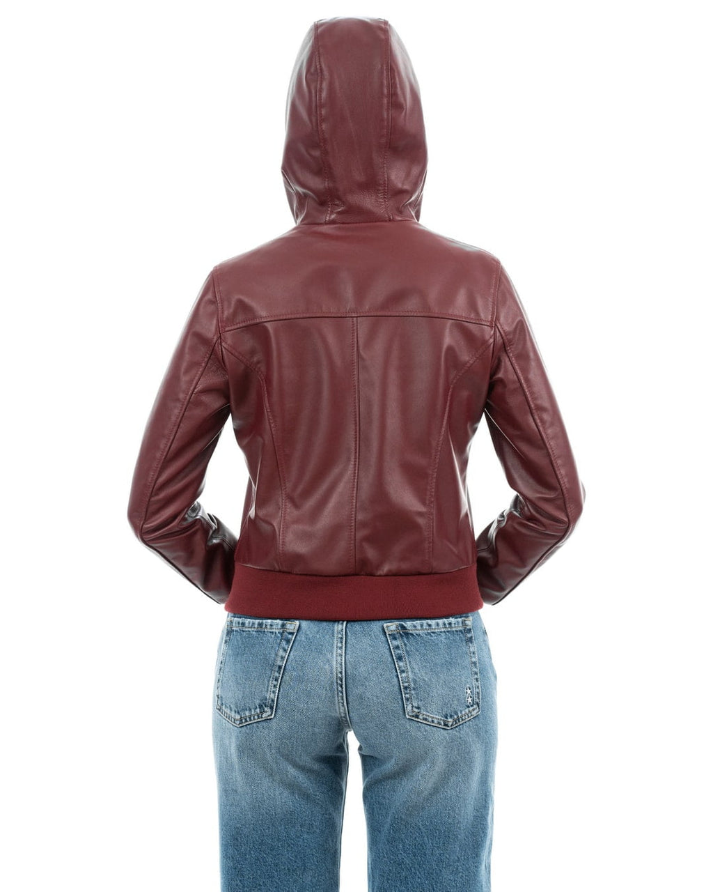 AURORE Giacca Bomber con cappuccio da donna in vera pelle bordeaux