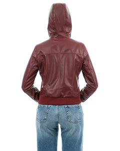 AURORE Giacca Bomber con cappuccio da donna in vera pelle bordeaux