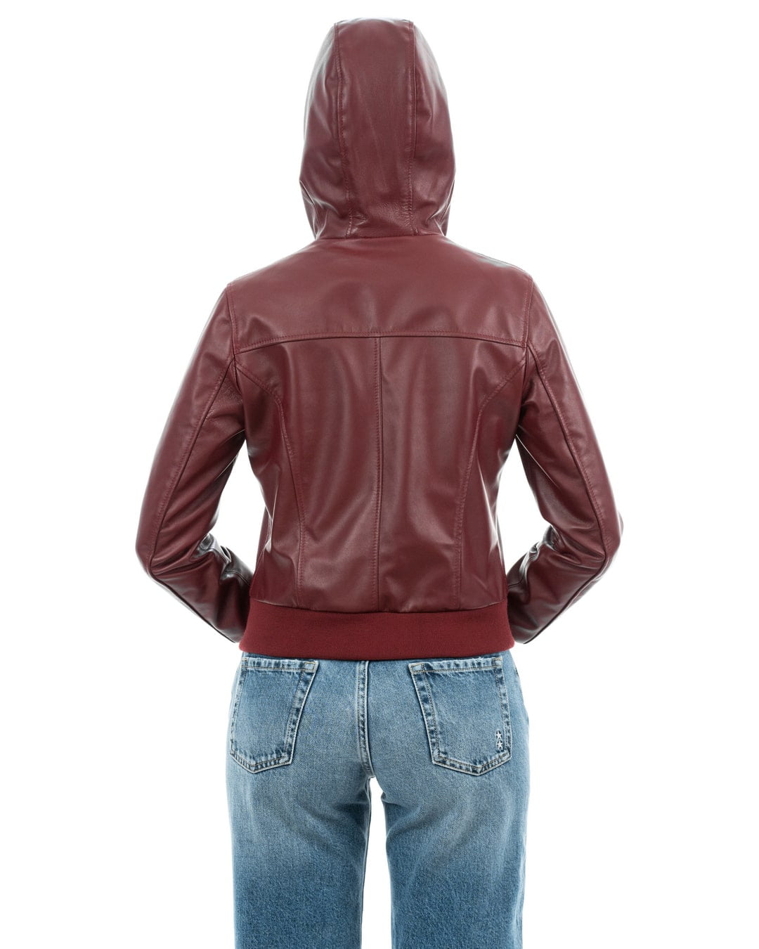 AURORE Giacca Bomber con cappuccio da donna in vera pelle bordeaux