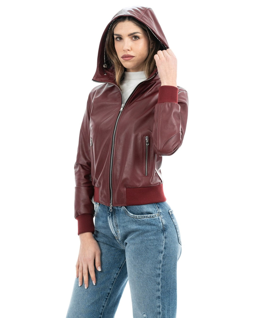 AURORE Giacca Bomber con cappuccio da donna in vera pelle bordeaux