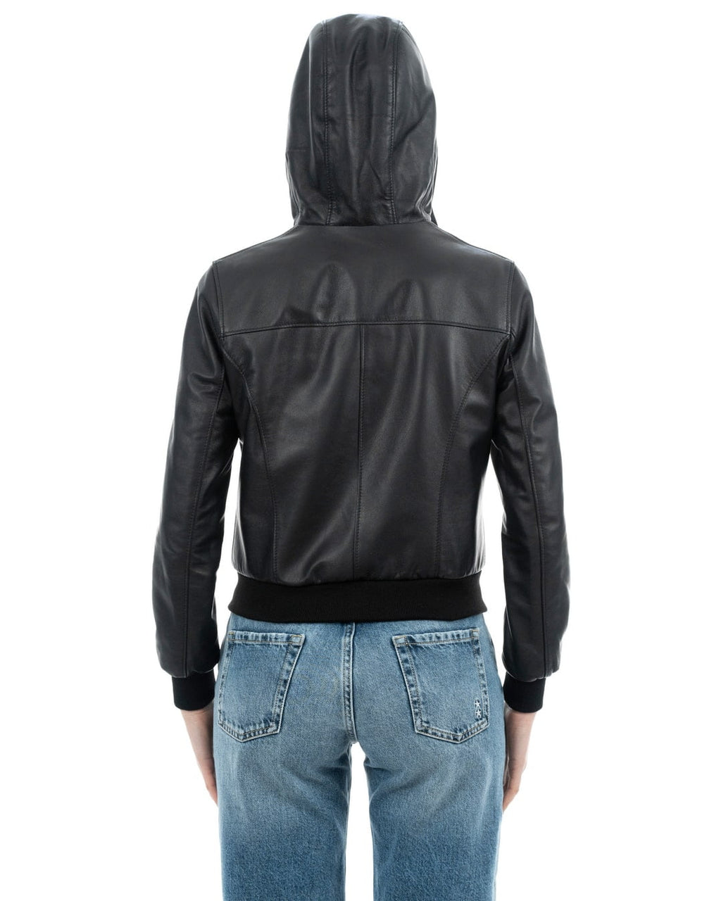 AURORE Giacca Bomber con cappuccio da donna in vera pelle nero