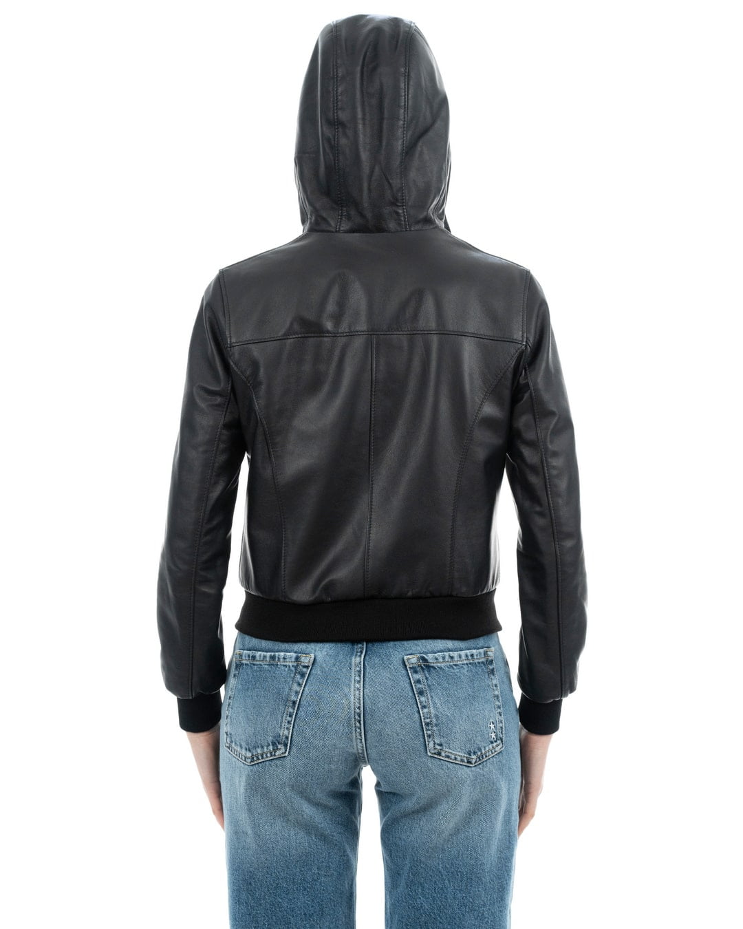 AURORE Giacca Bomber con cappuccio da donna in vera pelle nero