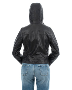 MORENA Giacca con cappuccio da donna in vera pelle nero