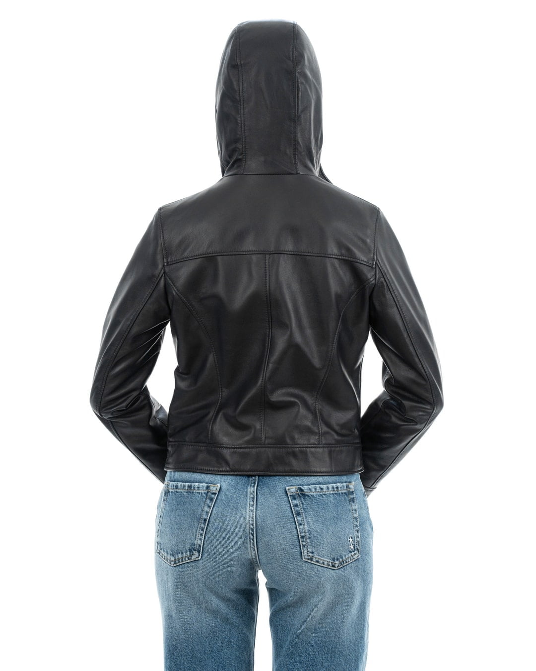 MORENA Giacca con cappuccio da donna in vera pelle nero