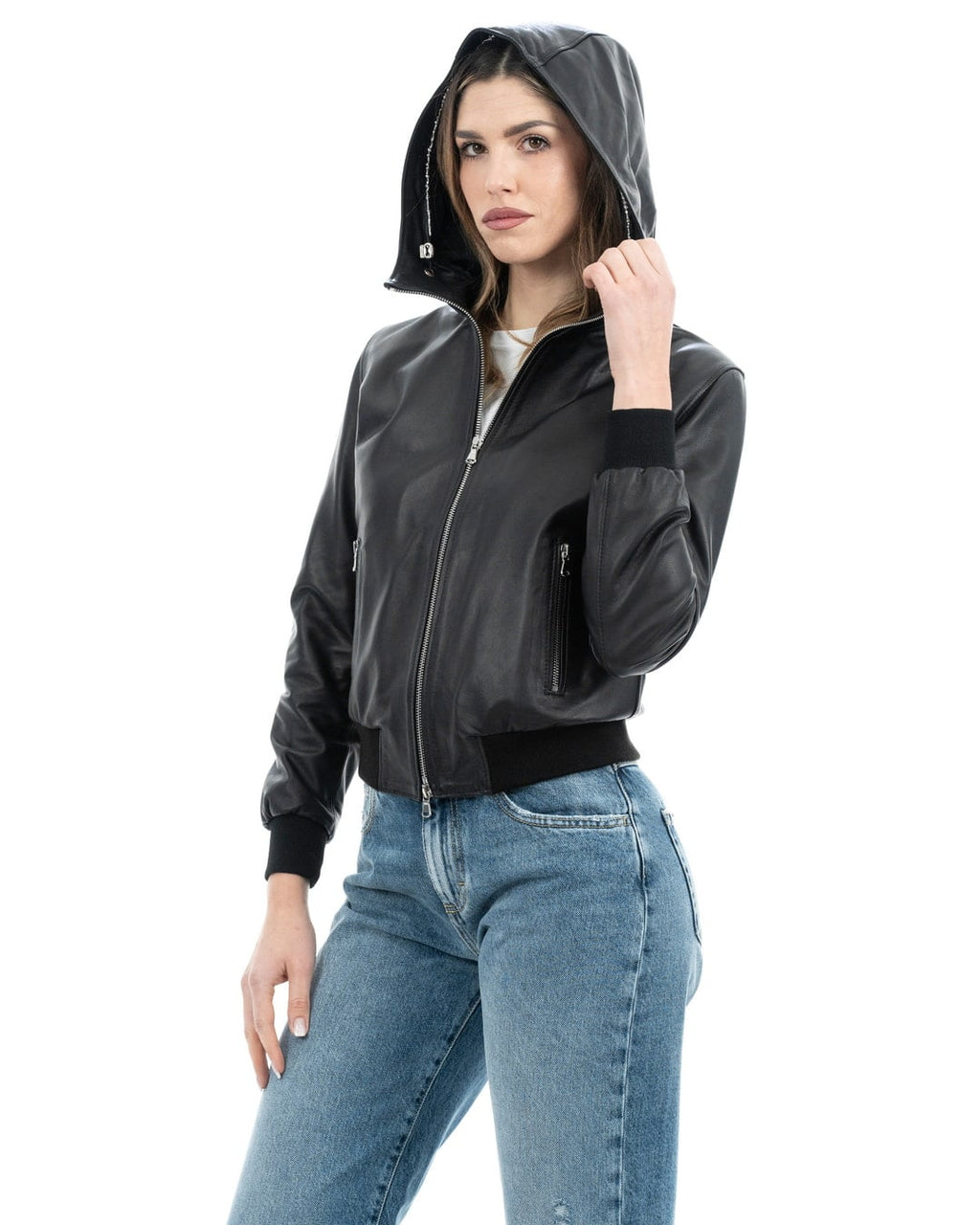 AURORE Giacca Bomber con cappuccio da donna in vera pelle nero