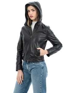 MORENA Giacca con cappuccio da donna in vera pelle nero