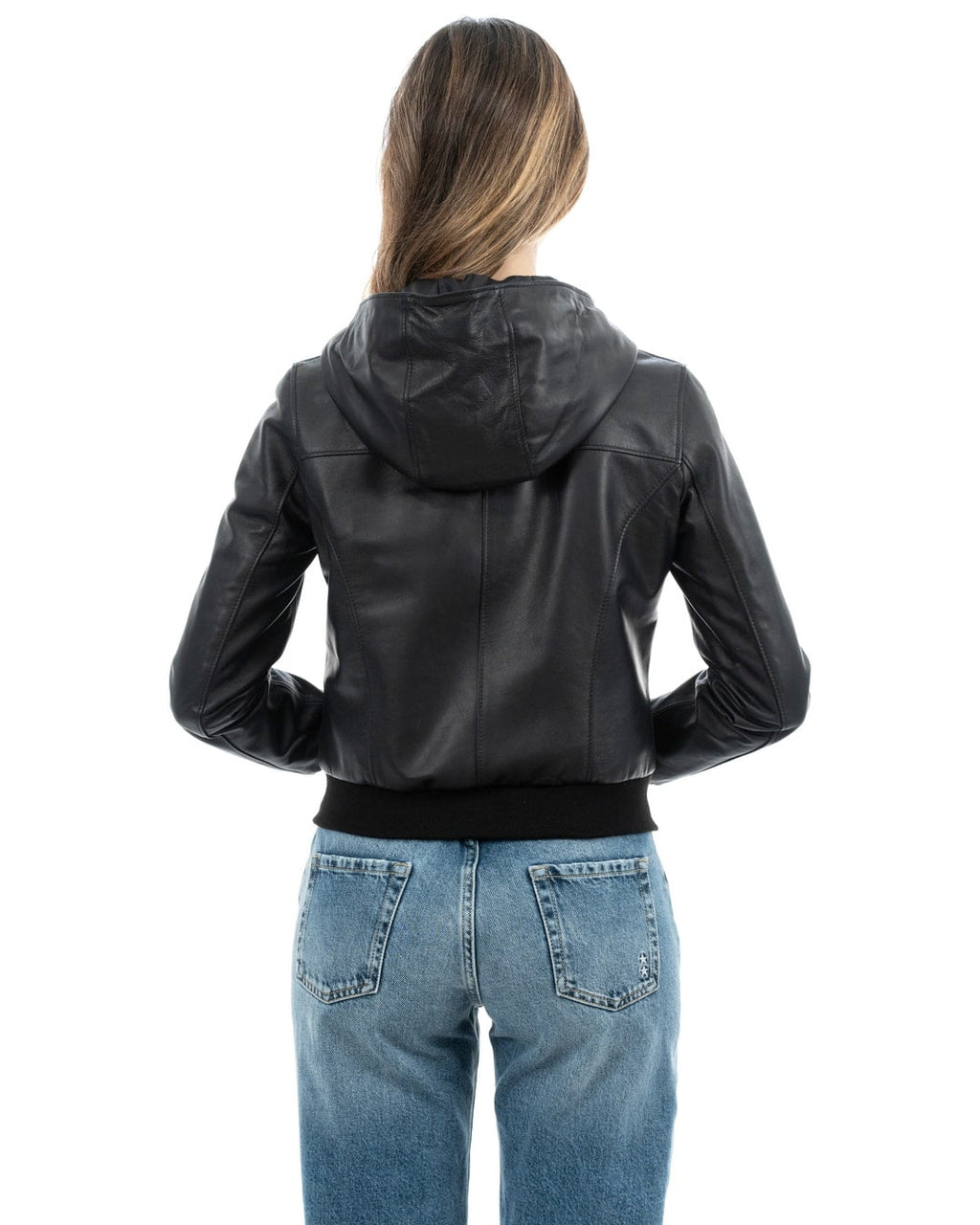 AURORE Giacca Bomber con cappuccio da donna in vera pelle nero