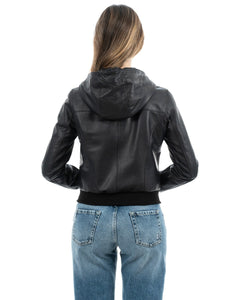 AURORE Giacca Bomber con cappuccio da donna in vera pelle nero